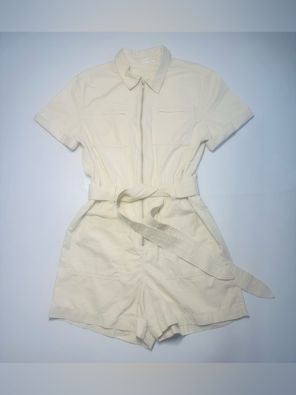 Gap Women’s Short Sleeve Cream White Utility Romper Size 8 With Belt 100% Cotton